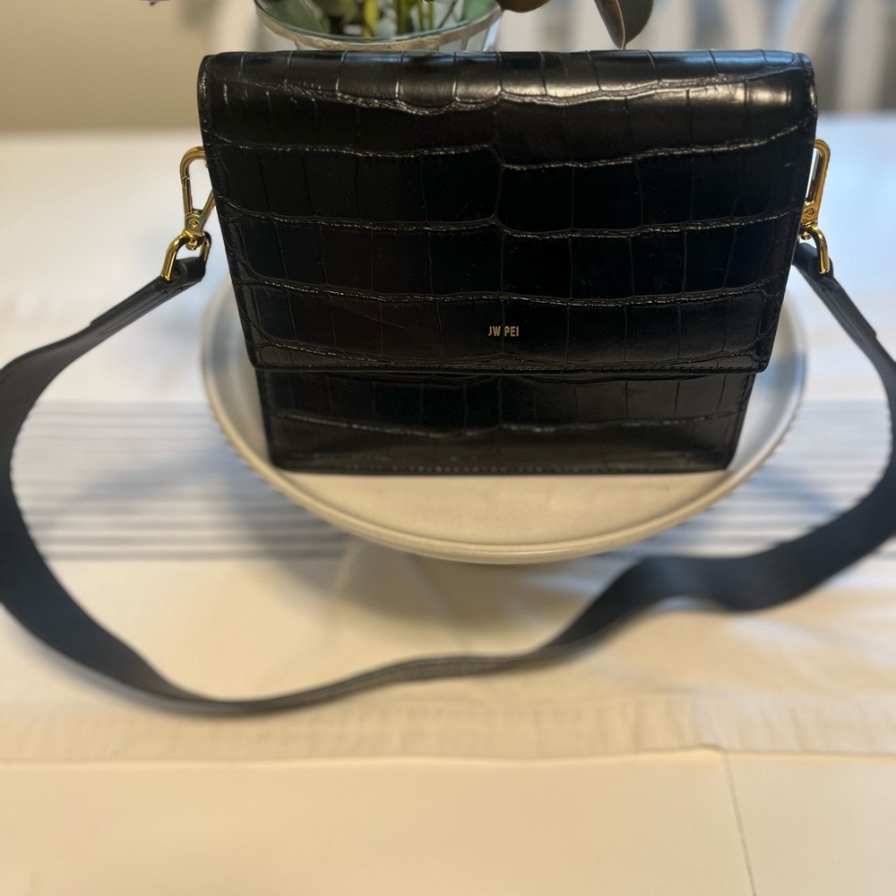 JW PEI Black Croc-Embossed Crossbody Bag with Glossy Finish
